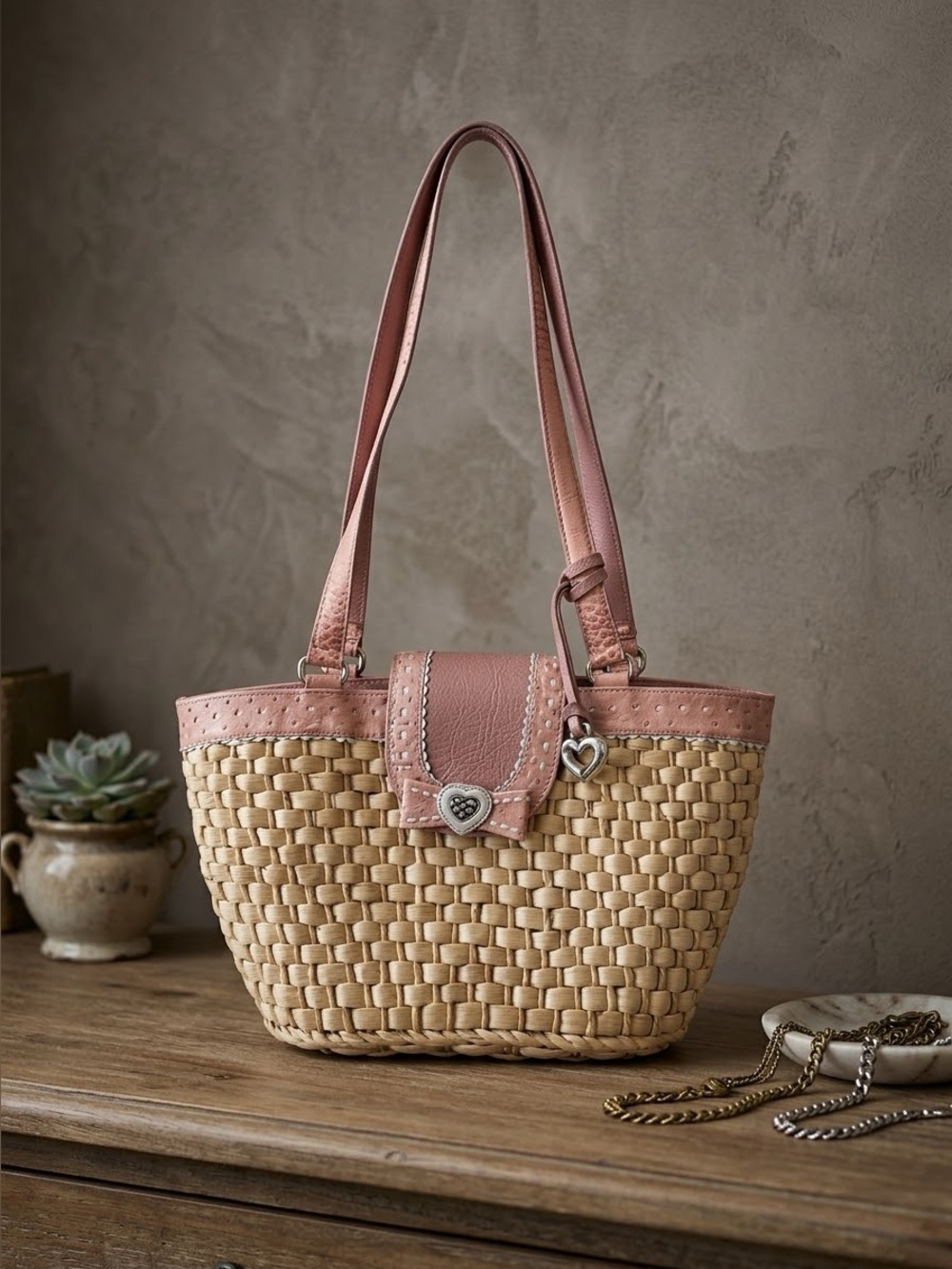 Brighton woven straw tote bag with pink croc-embossed leather trim
